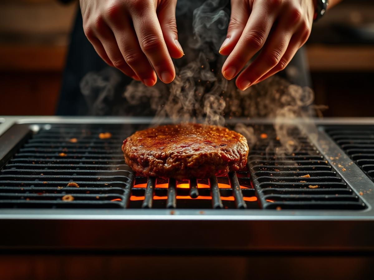 Chef pressing a smash patty onto the plancha